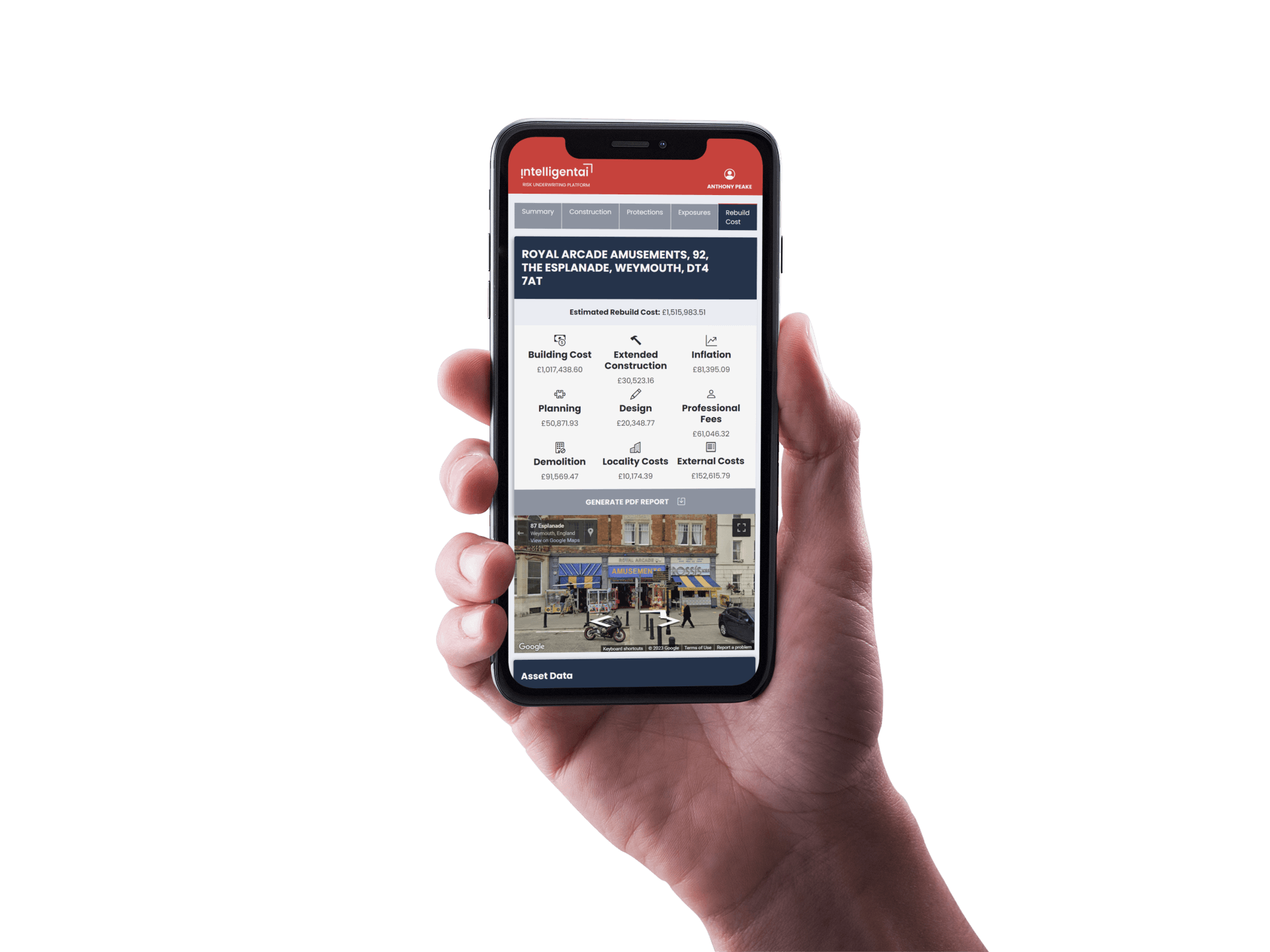 a mobile phone displaying the Intelligent Rebuild Cost Platform