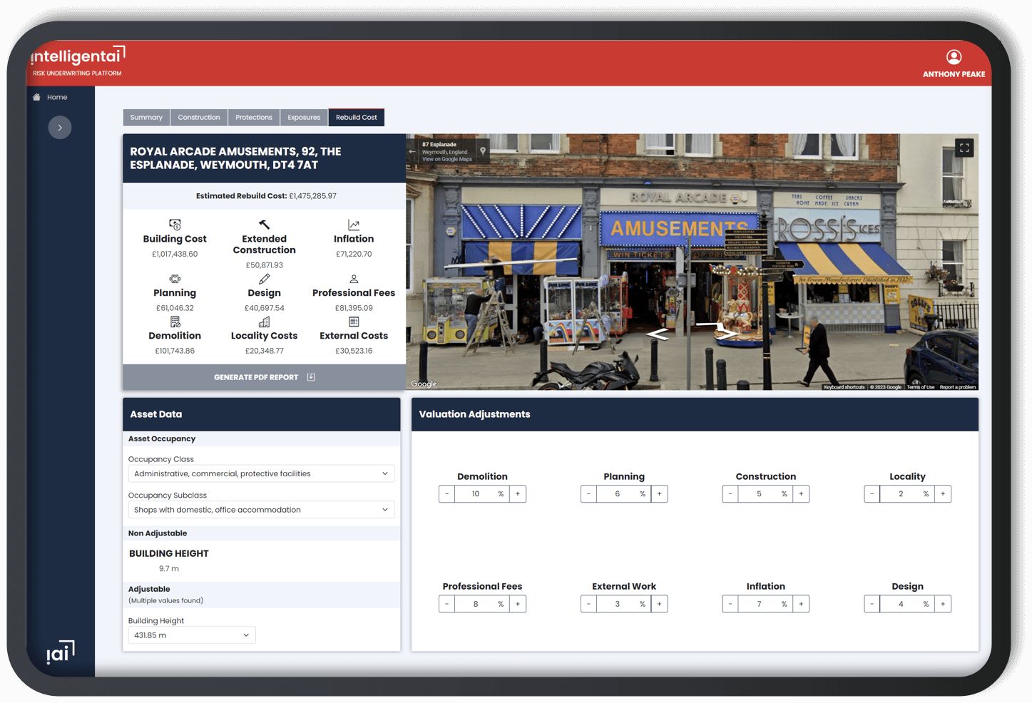 A tablet device displaying the Intelligent Rebuild Cost Platform